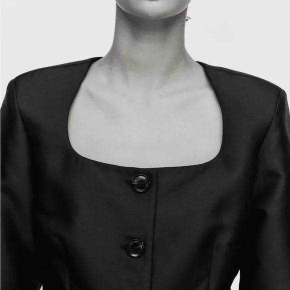 H&M NWT black satin open neck button front cardigan blazer jacket top - Picture 3 of 8